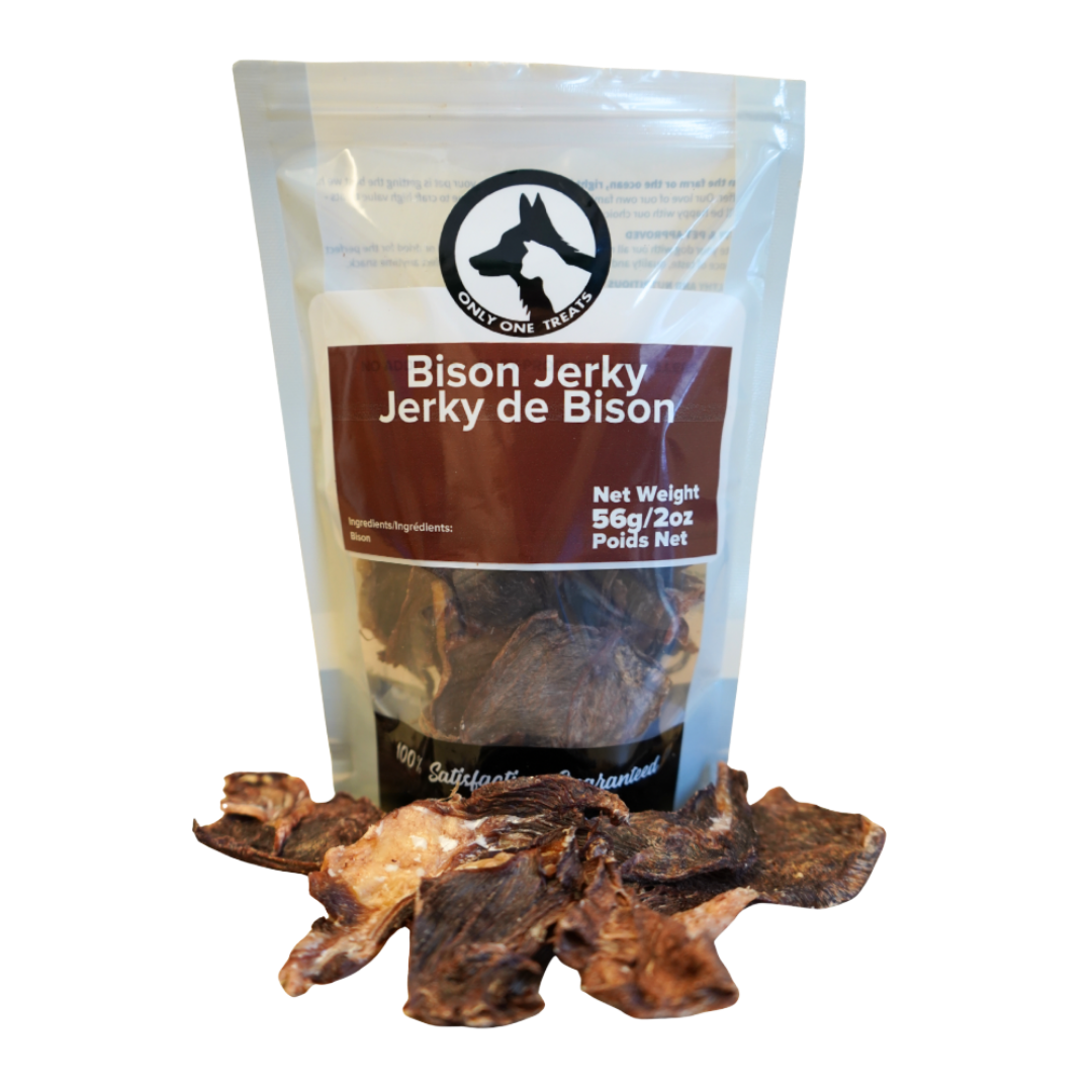 Package of bison jerky with visible jerky pieces on a white background