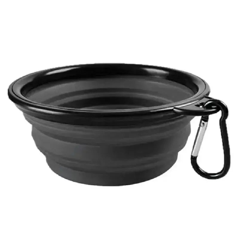 Black collapsible pet bowl with a carabiner on a white background