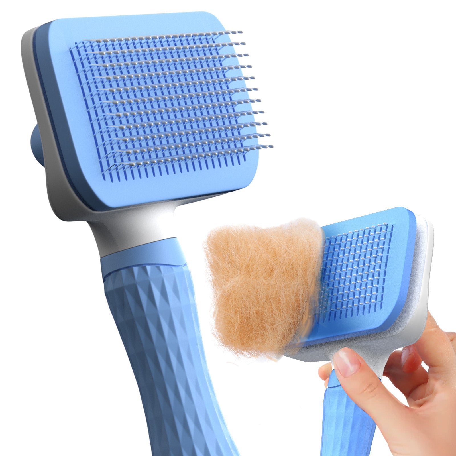 Blue pet grooming brush with a hand holding it on a white background