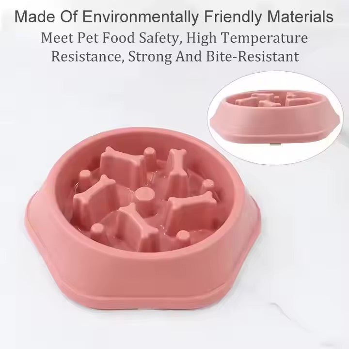 Pink pet food bowl with textured surface on a white background, featuring text about material properties.