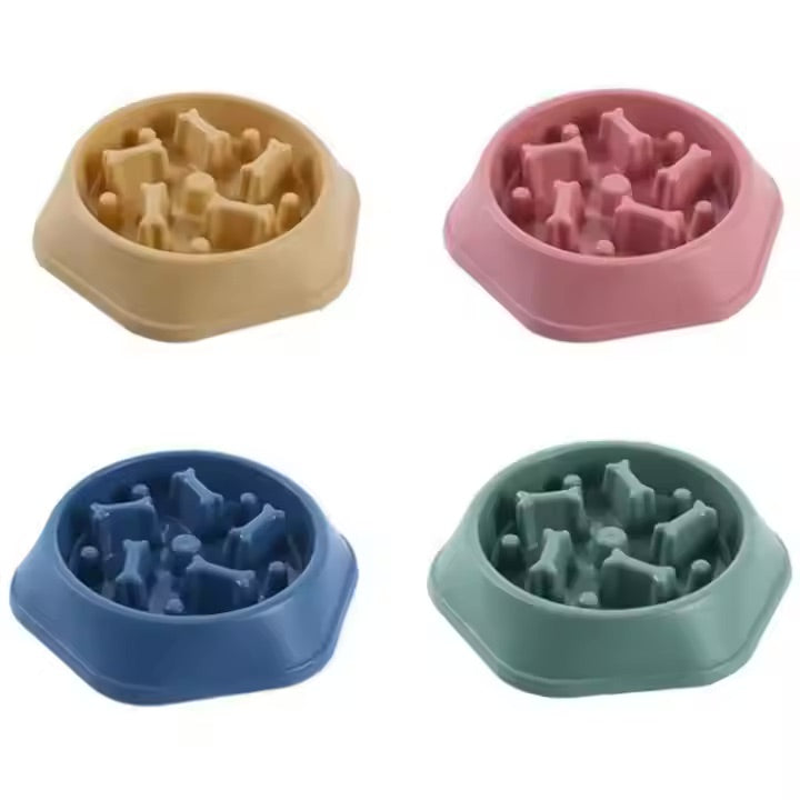 Four colorful silicone pet bowls with textured surfaces on a white background