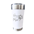 White tumbler with 'Dog Mom' and paw print design on a white background