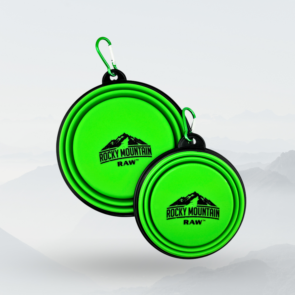 Two green Rocky Mountain Raw dog bowl with carabiners on a white background