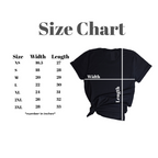 Size chart for a black t-shirt with measurements in inches.