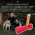 Man with two dogs in a garden setting, featuring a dog chew product and text about Bully Bunches quality.