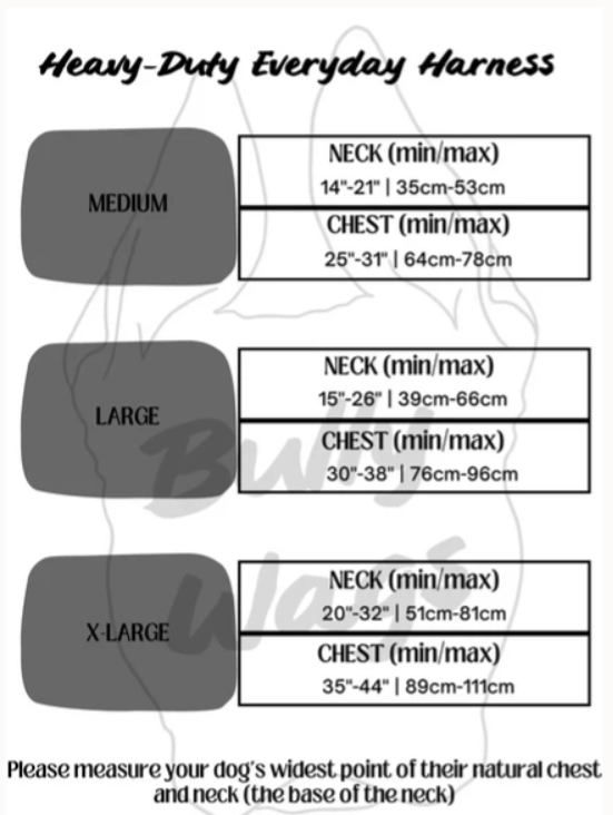 Heavy-duty everyday harness size chart with measurements for neck and chest.
