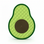 Avocado-shaped lick mat with green skin and brown pit on a white background
