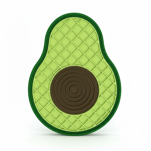 Avocado-shaped lick mat with green skin and brown pit on a white background