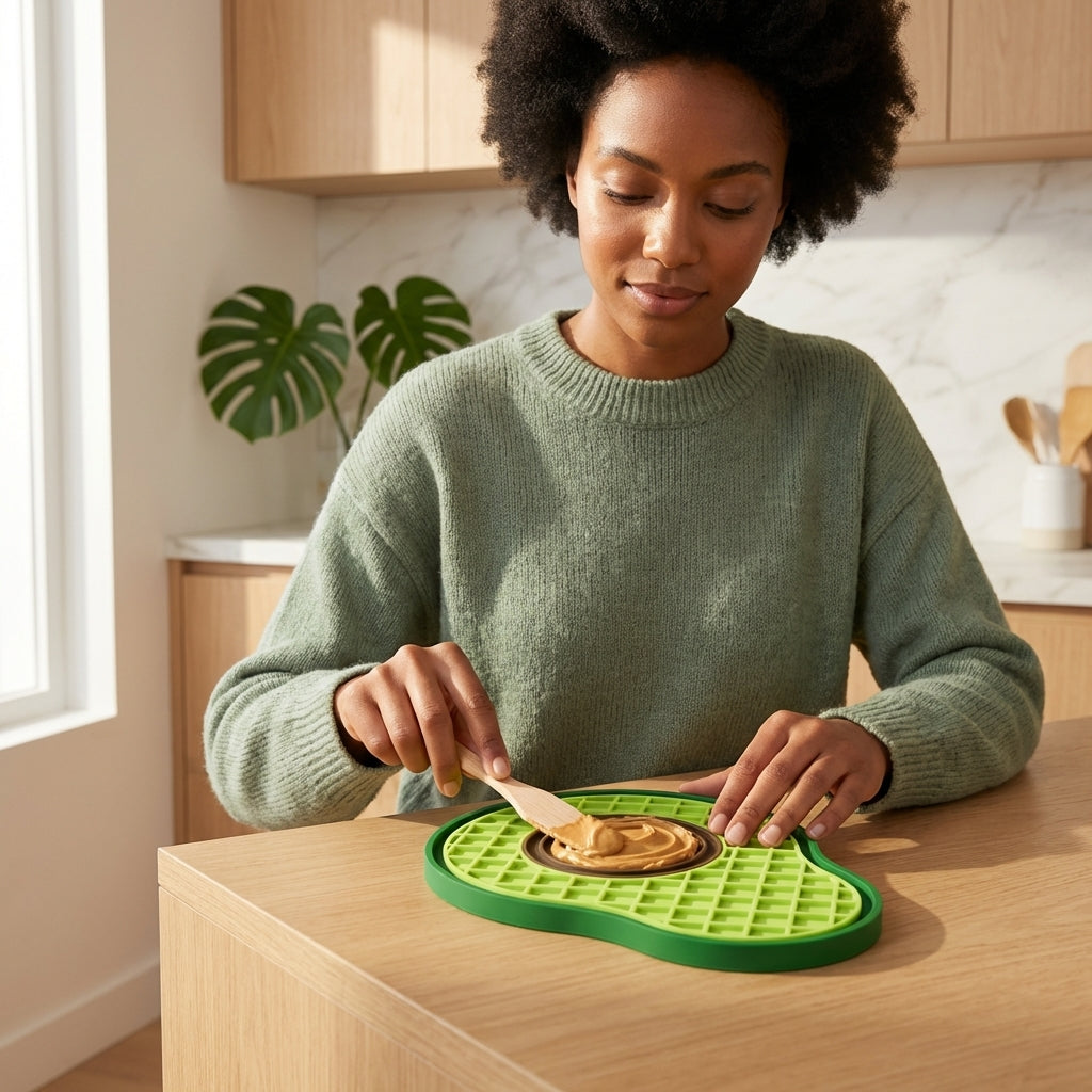 Woman in a kitchen spreading peanut butter on a green lick mat.
