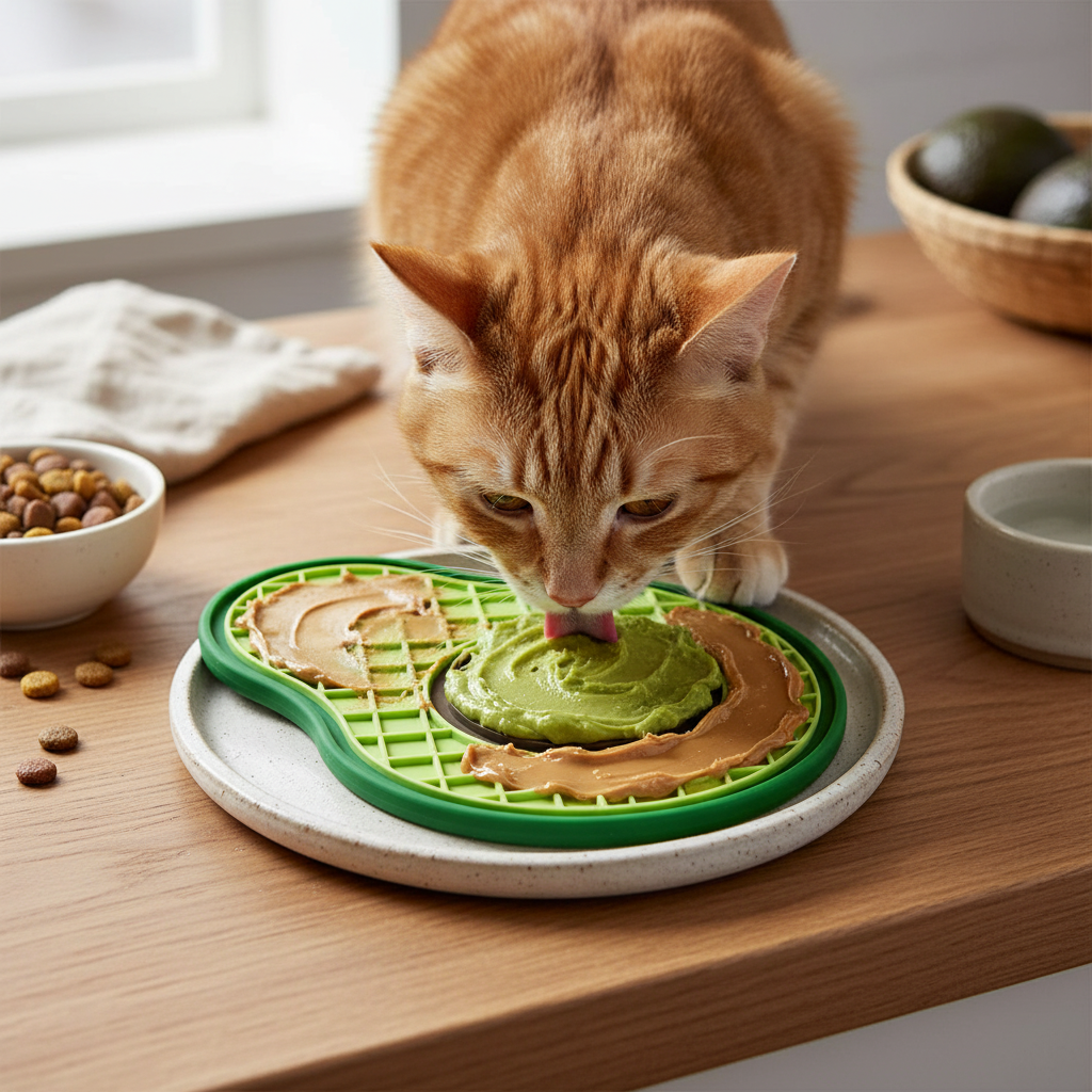 Cat interacting with a lick mat on a wooden table.