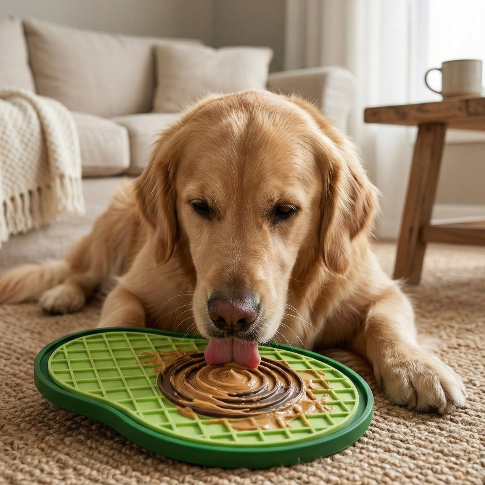 Dog interacting with a green and brown lick mat on a carpeted floor.