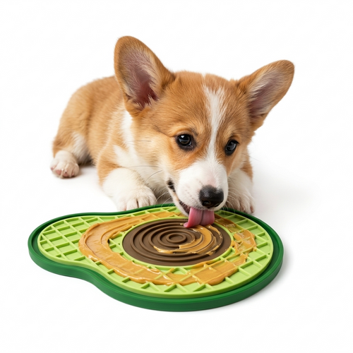 Cute dog playing with a green and brown lick mat on a white background