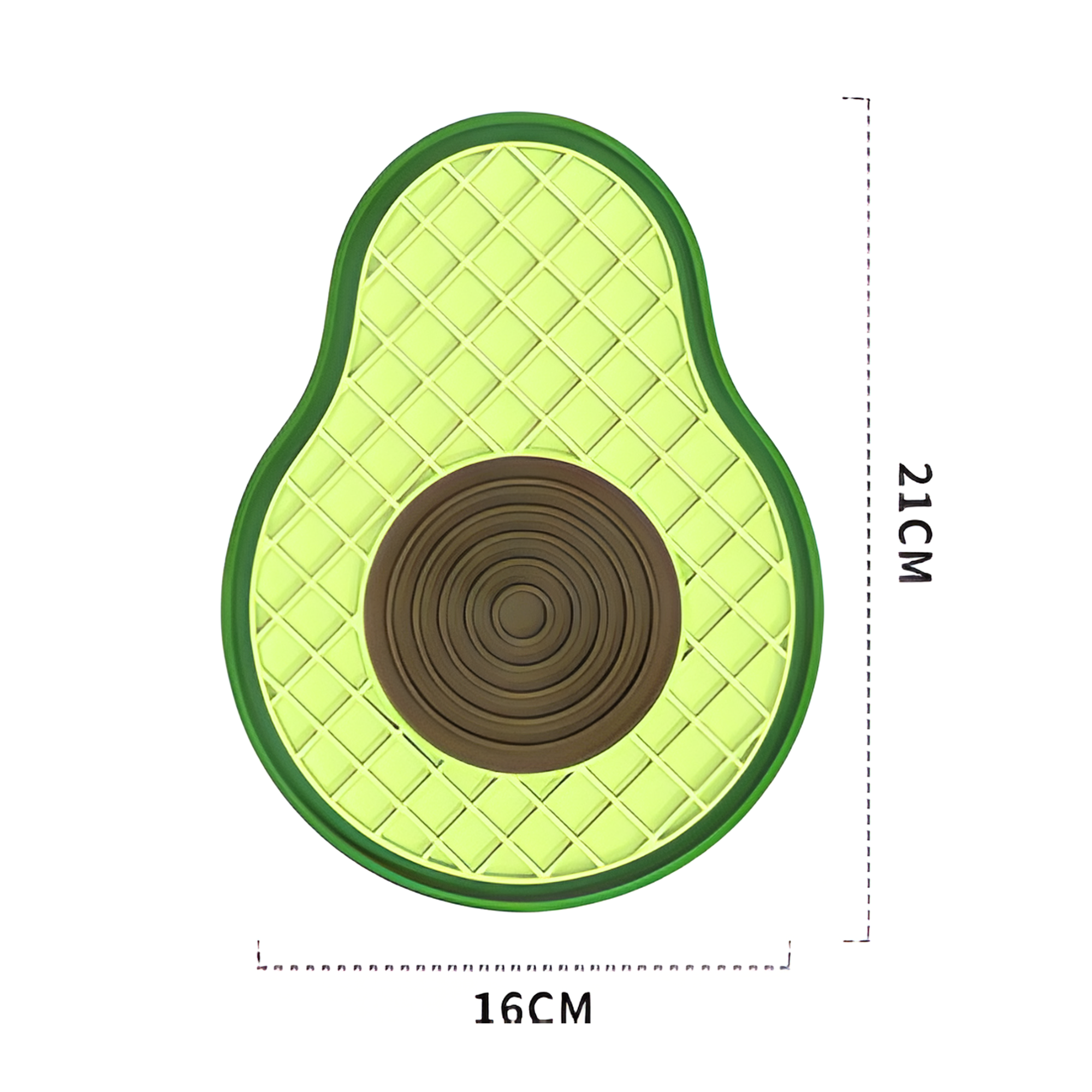 Avocado-shaped lick mat with measurements on a white background