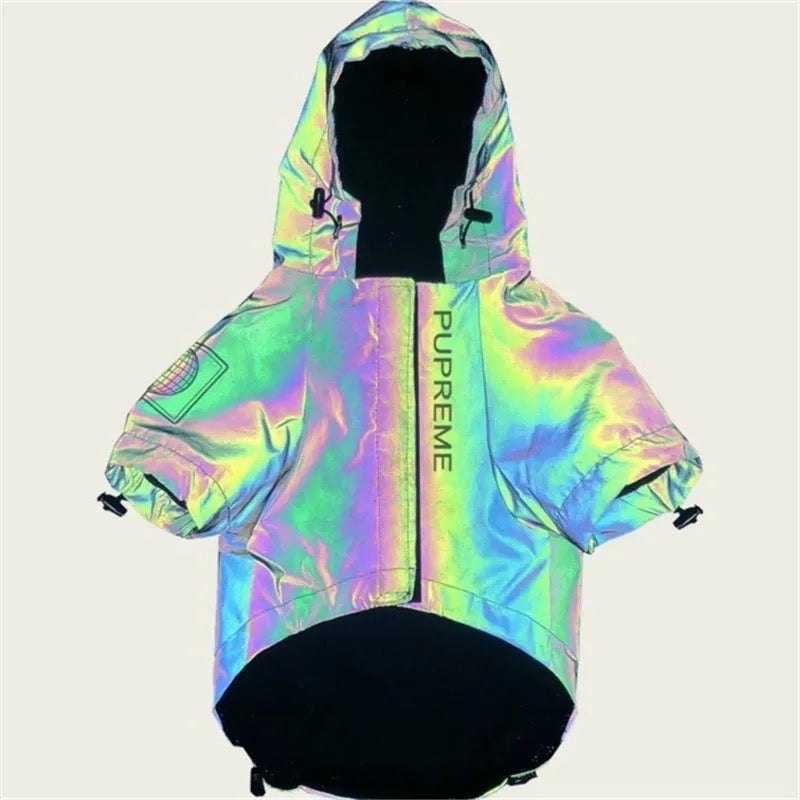 Iridescent jacket with 'PUPREME' branding on a white background