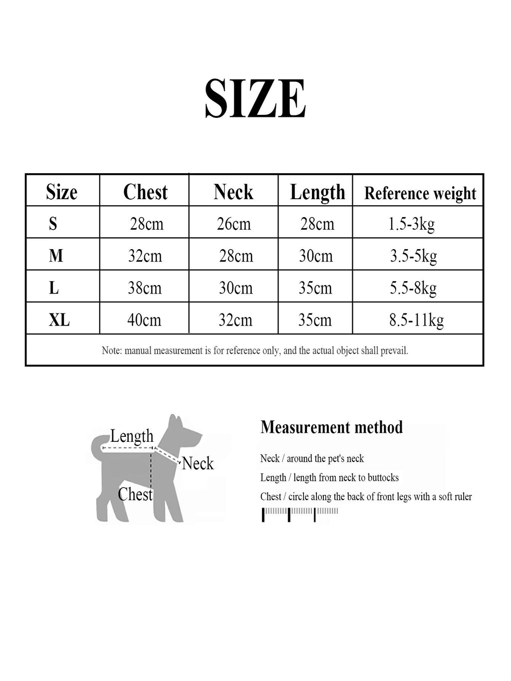 Size chart for pet clothing with measurements and reference weight.