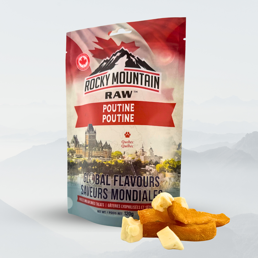Rocky Mountain Raw Poutine snack package with snacks on a white background