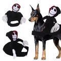 Dog wearing a skeleton costume with additional skeleton figures on a white background