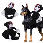 Dog wearing a skeleton costume with additional skeleton figures on a white background