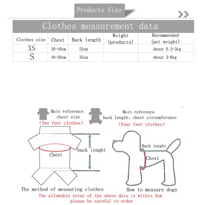 Measurement chart for dog clothing sizes with diagrams and text.