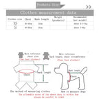 Measurement chart for dog clothing sizes with diagrams and text.