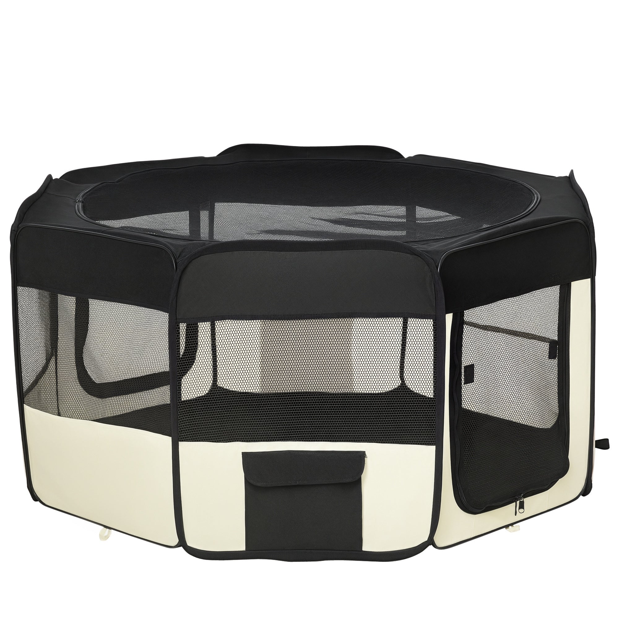 Black and beige pet playpen on a white background