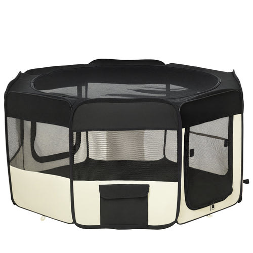 Black and beige pet playpen on a white background
