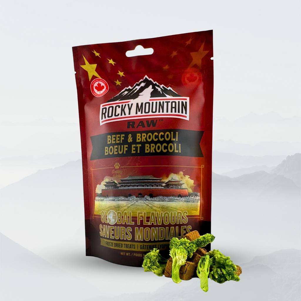 Rocky Mountain Raw beef and broccoli package on a white background
