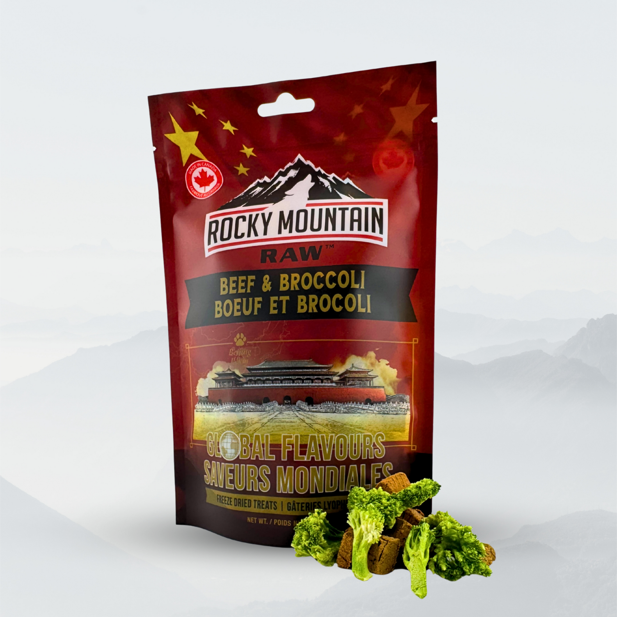 Rocky Mountain Raw beef and broccoli package on a white background