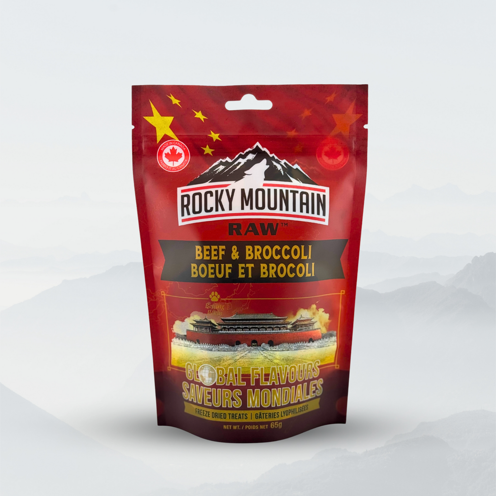 Rocky Mountain Raw beef and broccoli package on a white background