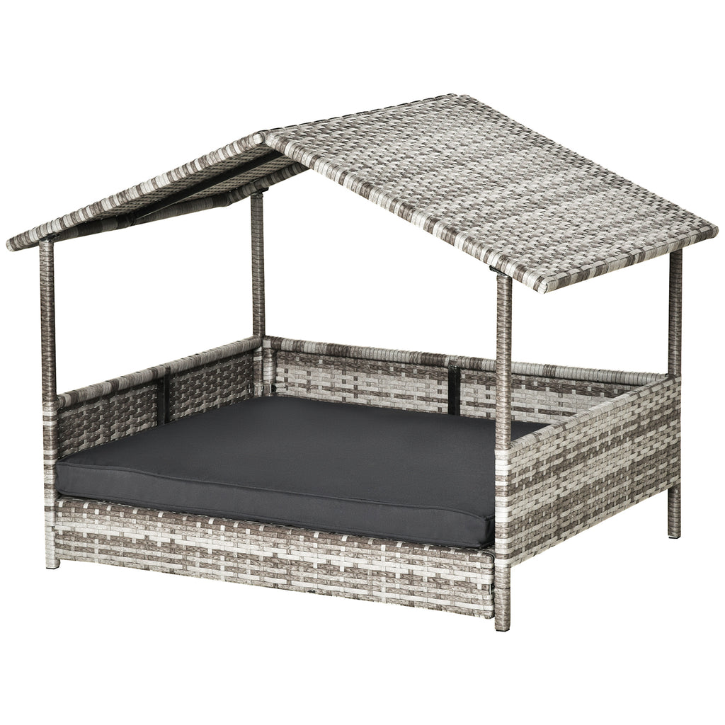 Rattan outdoor pet furniture set with canopy and cushion on a white background