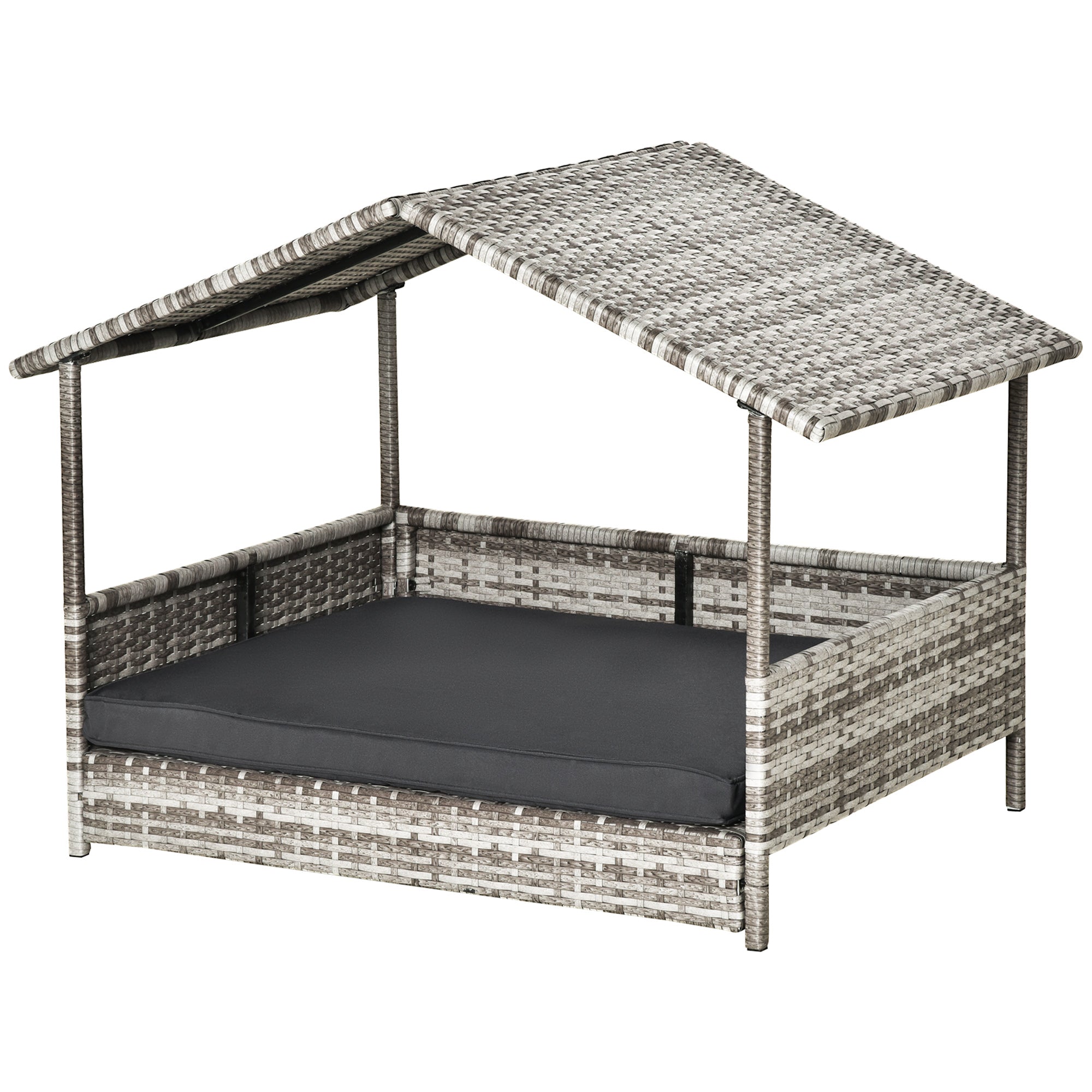 Rattan outdoor pet furniture set with canopy and cushion on a white background
