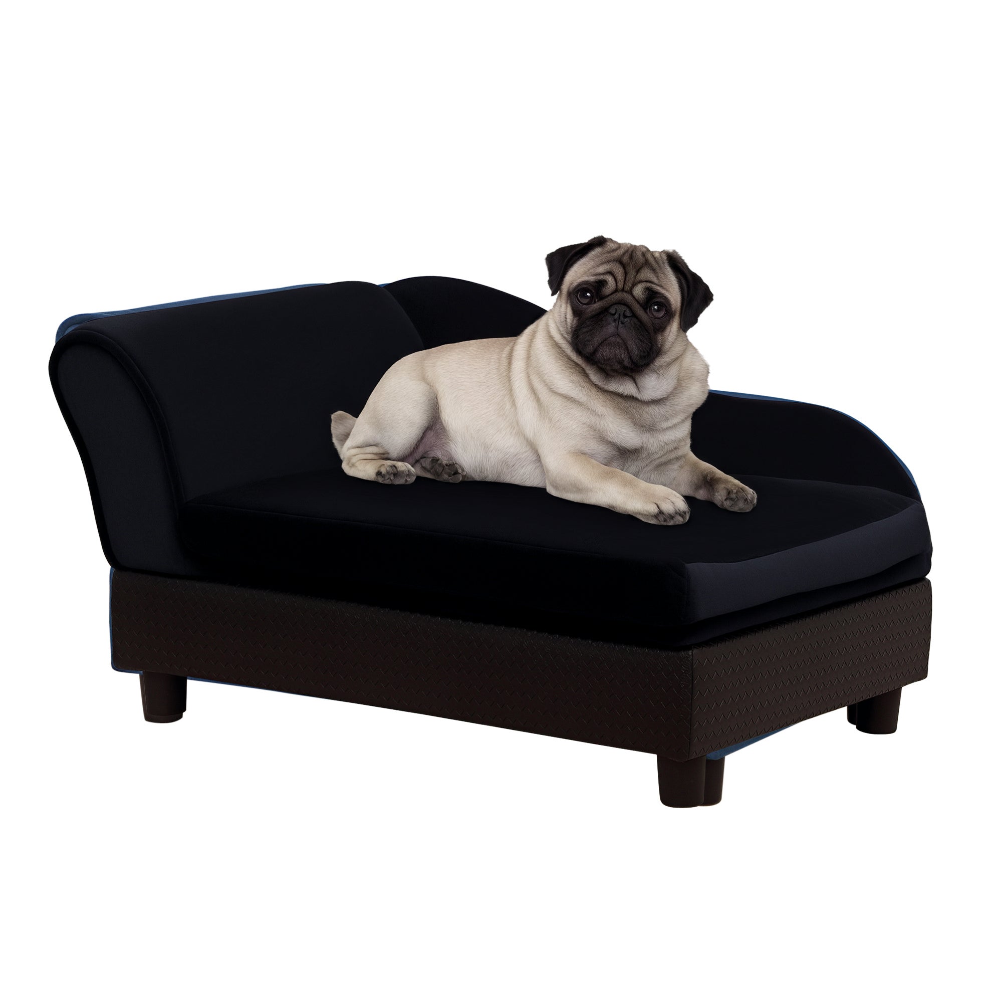 Pug lying on a black pet bed against a white background
