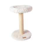 Cat tree with fluffy white top and base on a white background