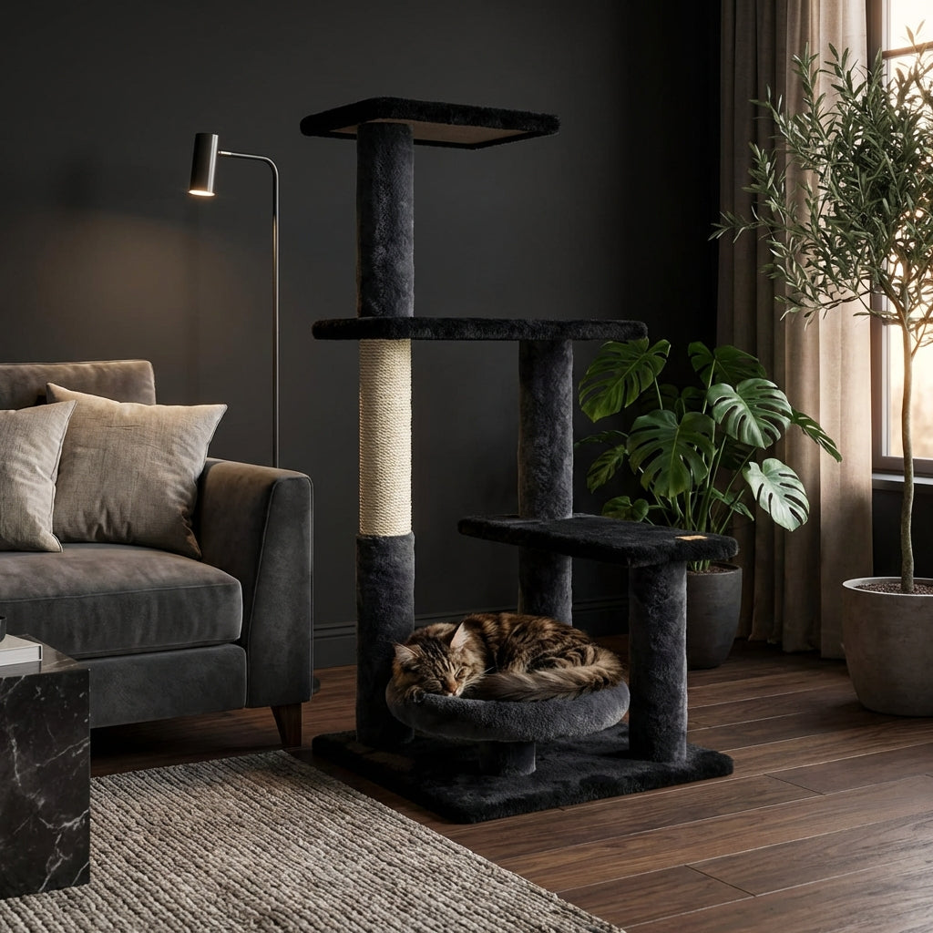 Cat tree in a living room with a cat resting on it, surrounded by a sofa, lamp, and plants.