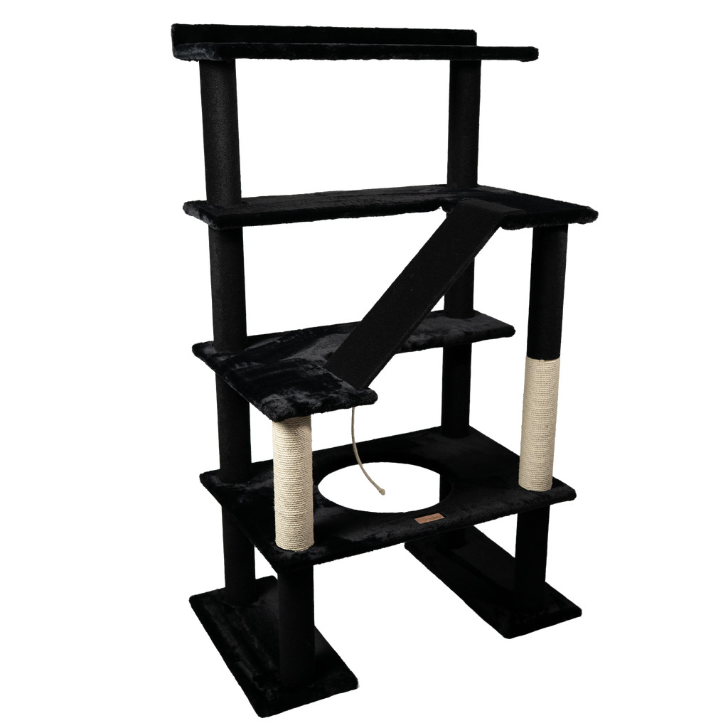 Black cat tree with multiple levels and a scratching post on a white background