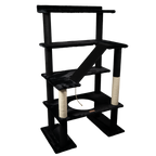 Black cat tree with multiple levels and a scratching post on a white background