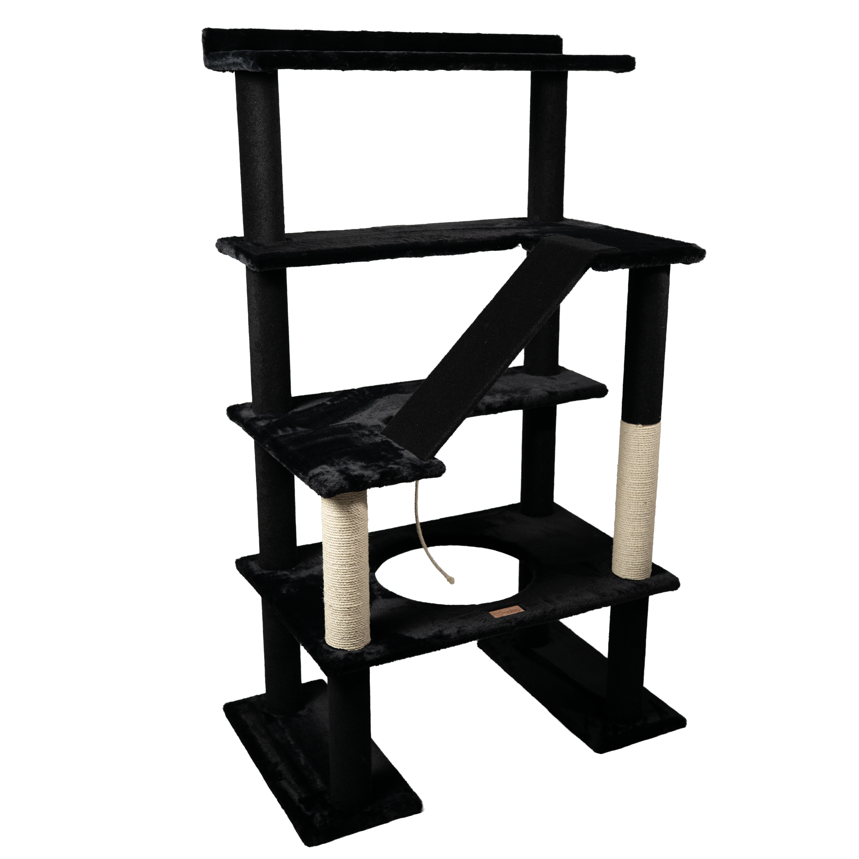 Black cat tree with multiple levels and a scratching post on a white background