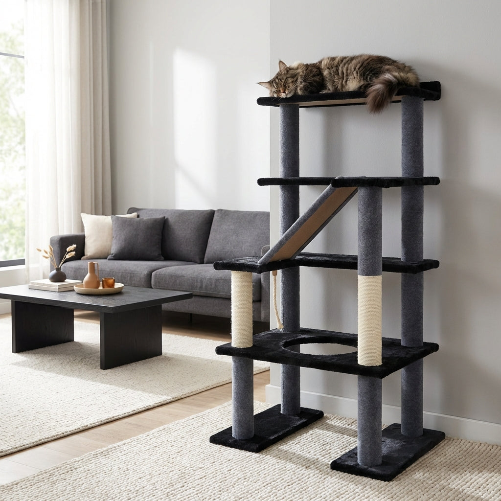 Cat tree with a cat on top in a living room setting
