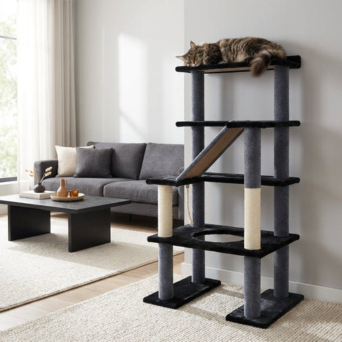 Cat tree with a cat on top in a living room setting