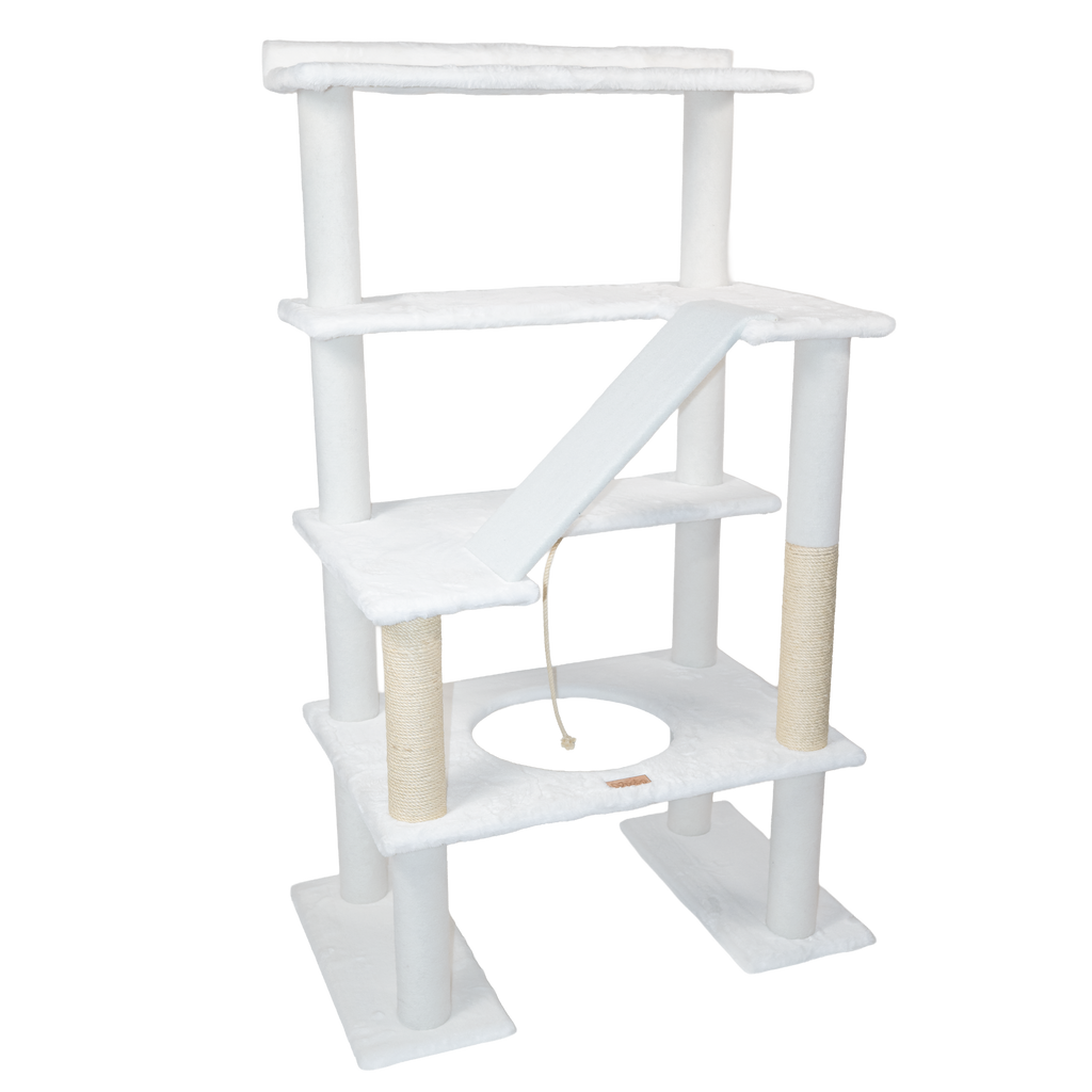 White cat tree with multiple levels and a scratching post on a white background
