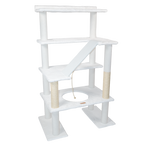 White cat tree with multiple levels and a scratching post on a white background