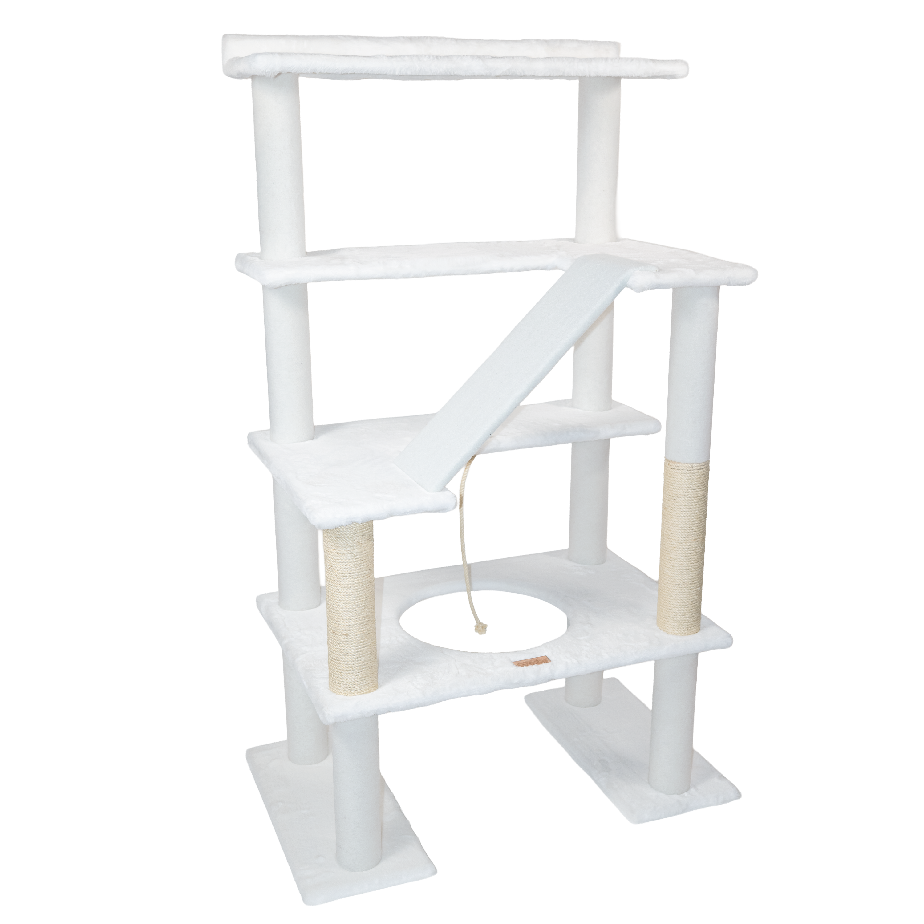 White cat tree with multiple levels and a scratching post on a white background