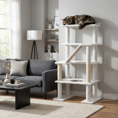 Cat sitting on a white cat tree in a living room with a gray sofa and coffee table.