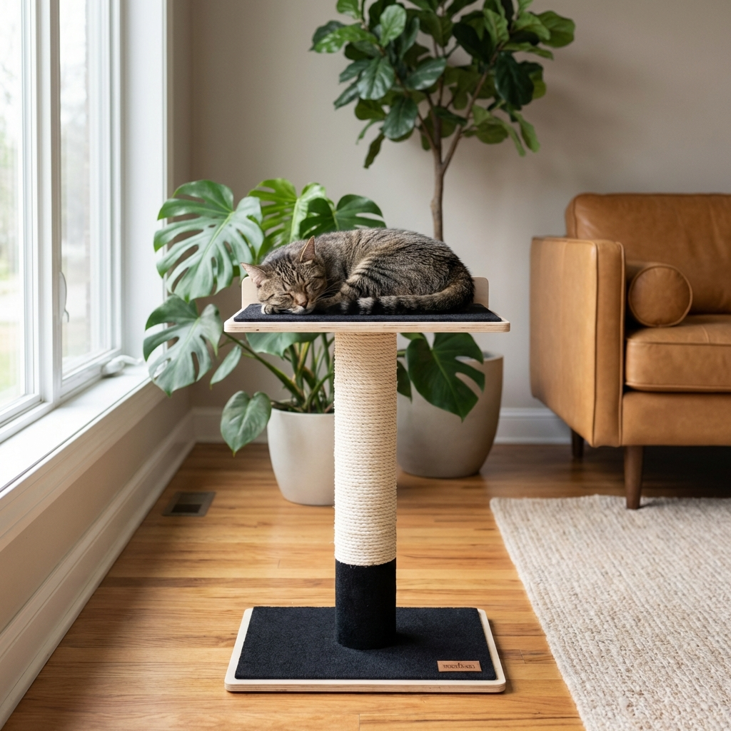 Cat lounging on a cat tree in a cozy living room with plants and a couch.
