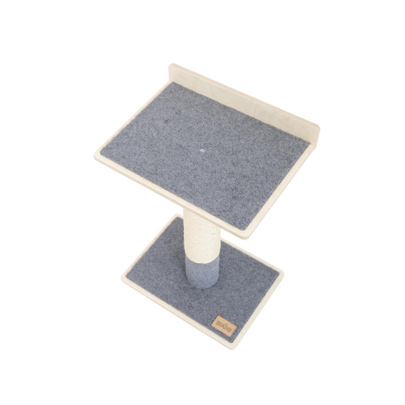 Cat tree with two platforms and a cylindrical post on a white background