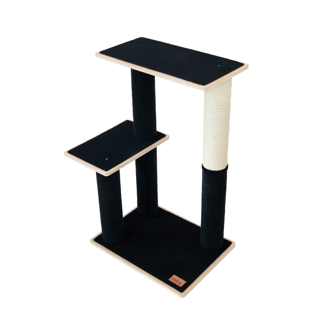 Black and beige cat tree with multiple levels on a white background