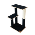 Black and beige cat tree with multiple levels on a white background