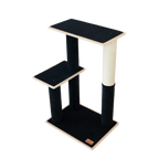 Black and beige cat tree with multiple levels on a white background
