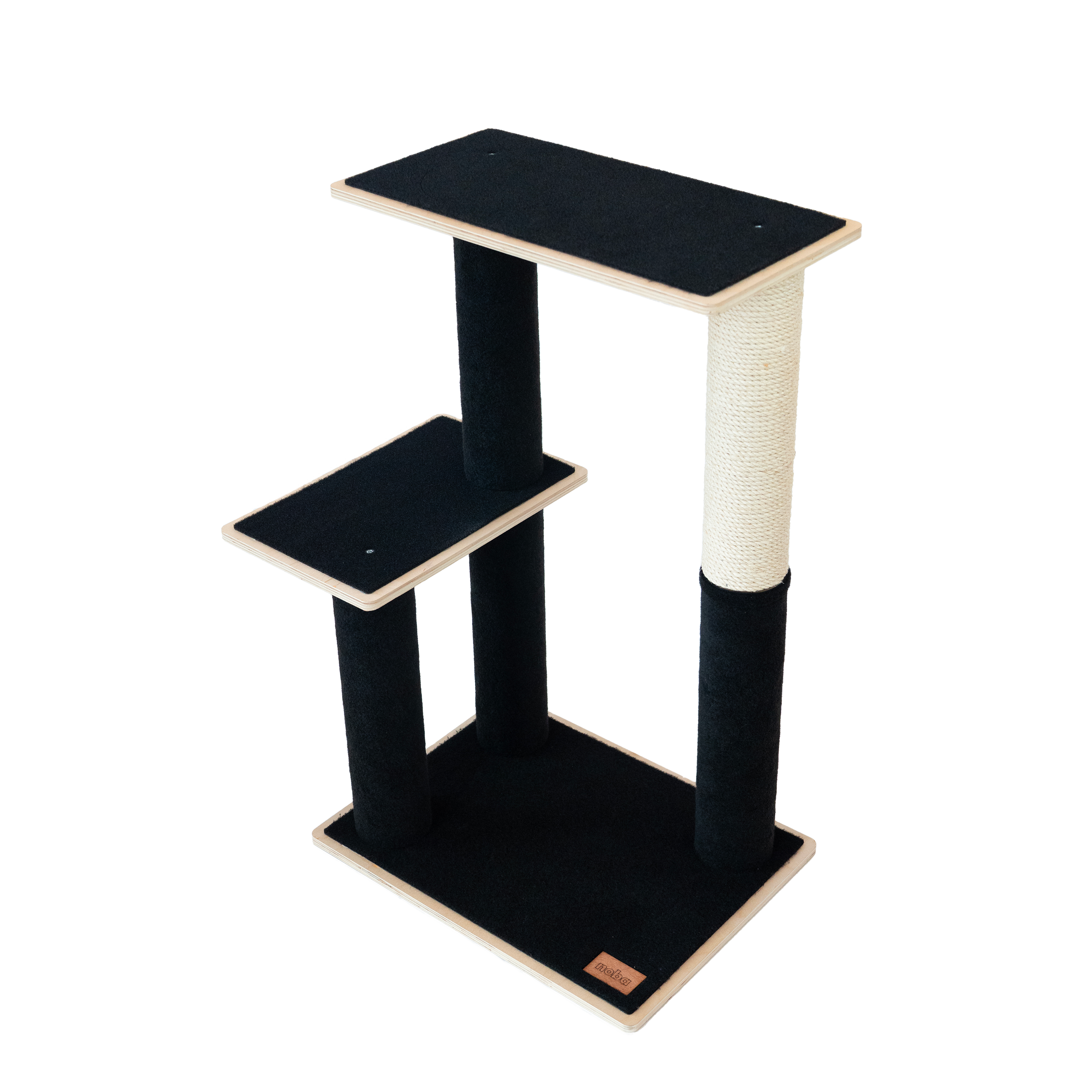 Black and beige cat tree with multiple levels on a white background