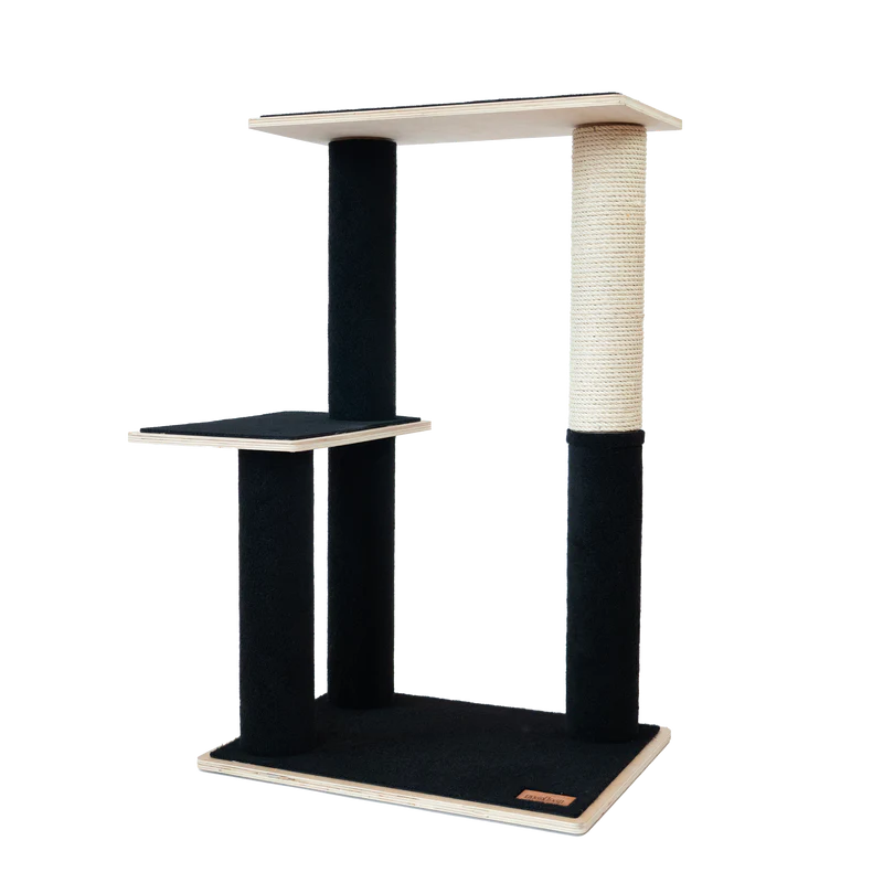 Cat tree with black and beige design on a white background